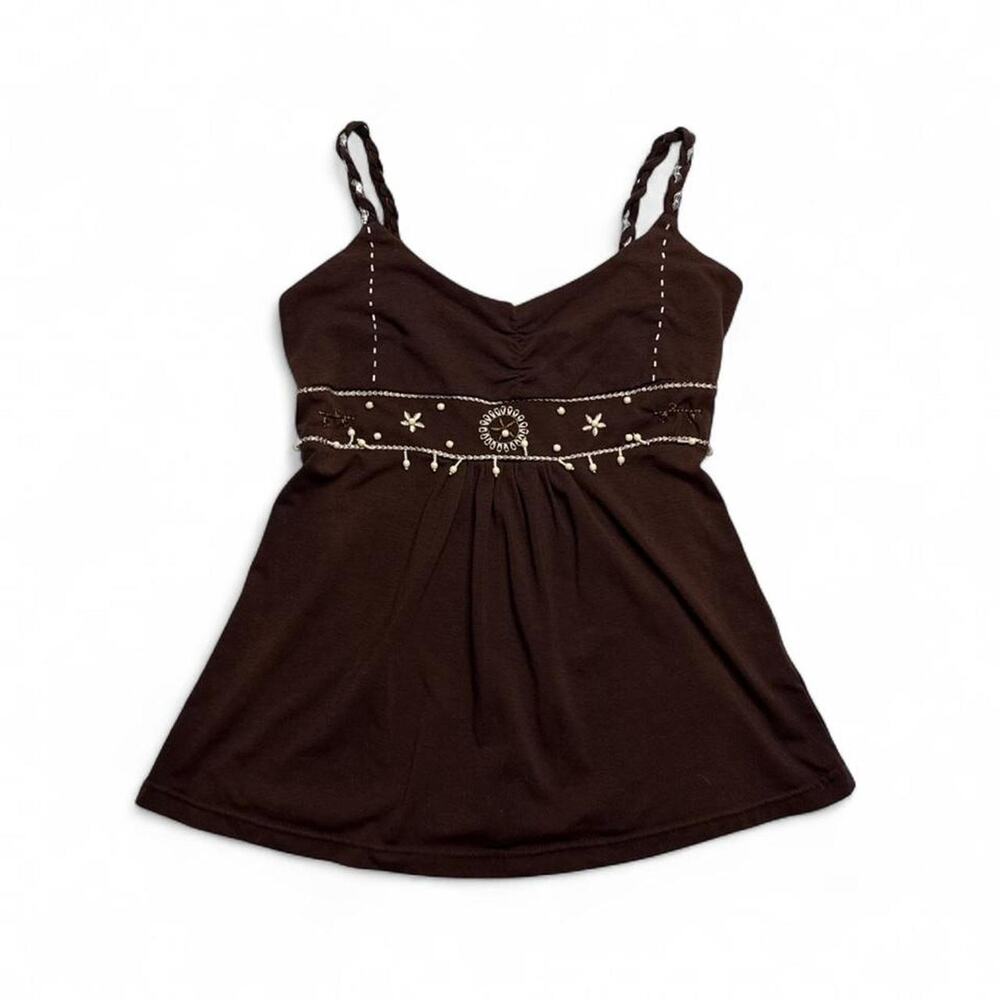 Brown babydoll top with white beaded details and adjustable straps Size M 2000s - Picture 7 of 8